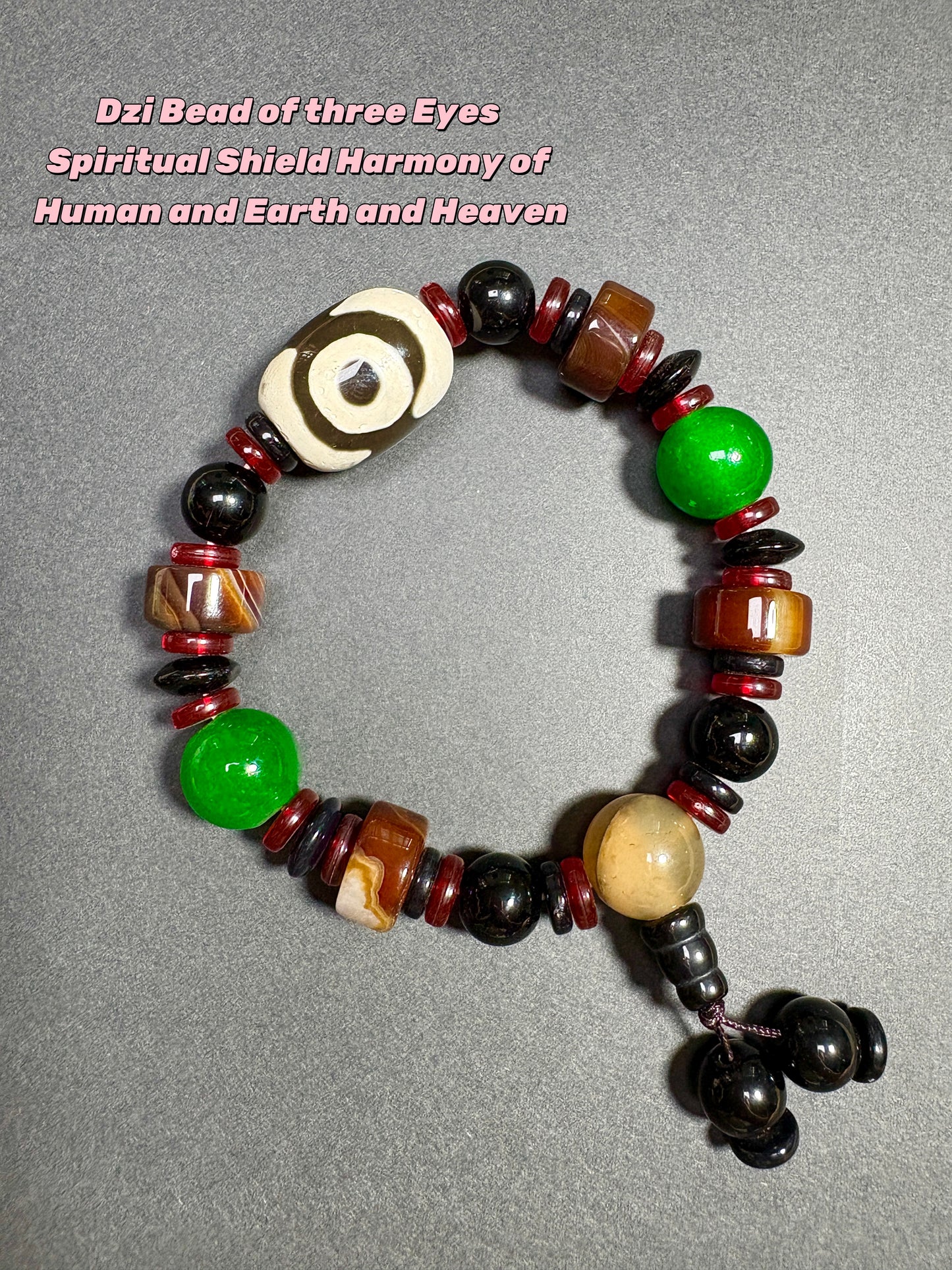Dzi Bead Tibetan Jewelry Bracelet Three Eyes Spiritual Shield Harmony of Human and Earth and Heaven