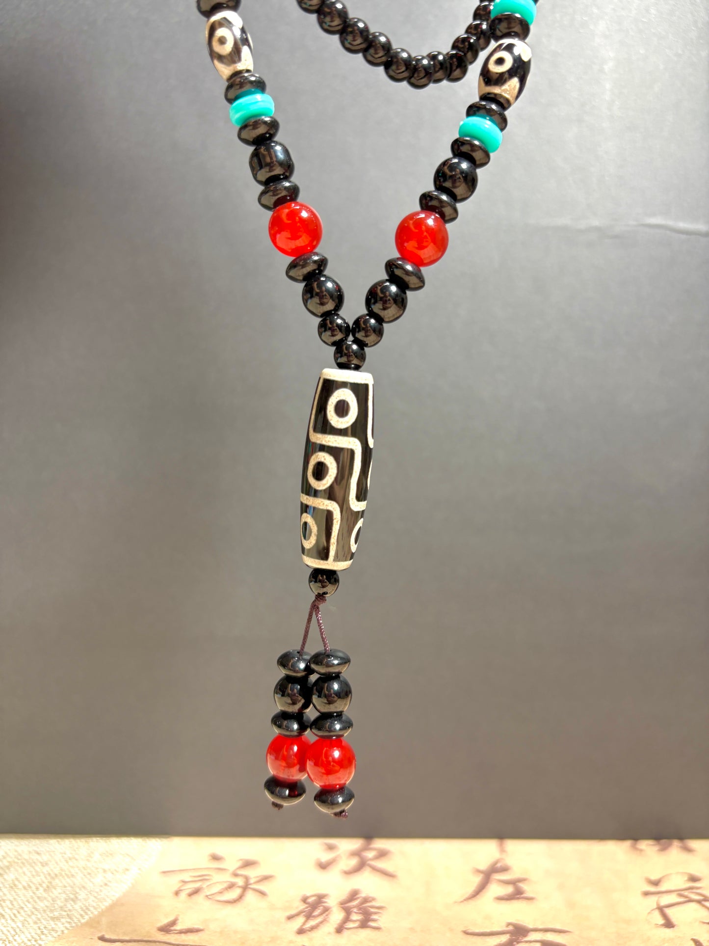 Dzi Bead Tibetan Necklace Mala Beads Necklace Nine Eyes Spiritual Shield Well-rounded and Auspicious