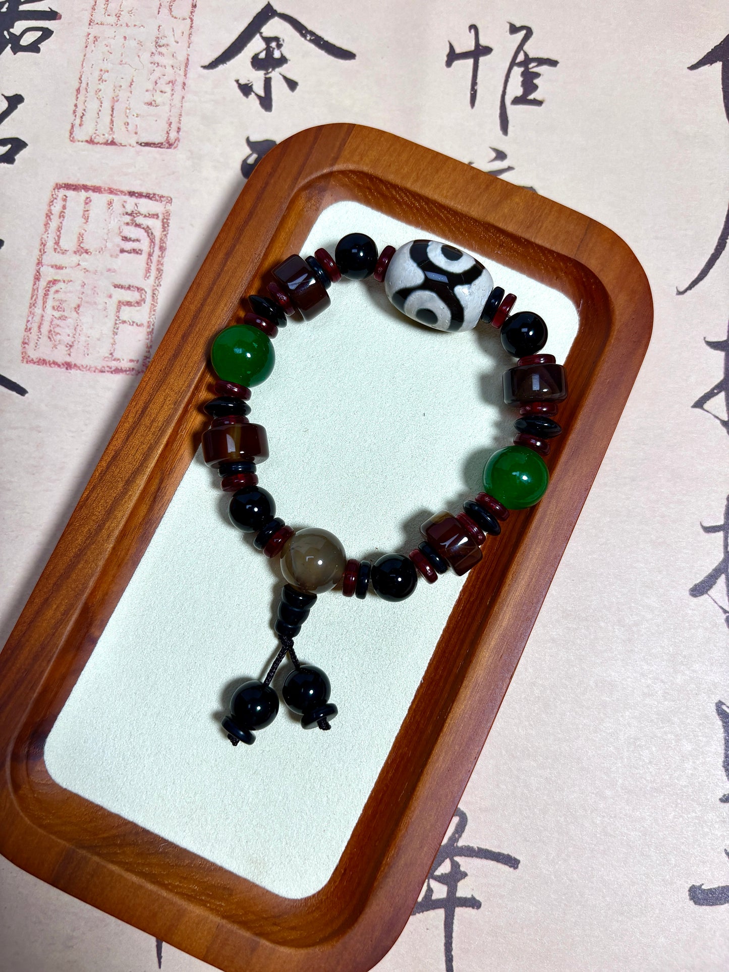 Dzi Bead Tibetan Jewelry Bracelet Three Eyes Spiritual Shield Harmony of Human and Earth and Heaven