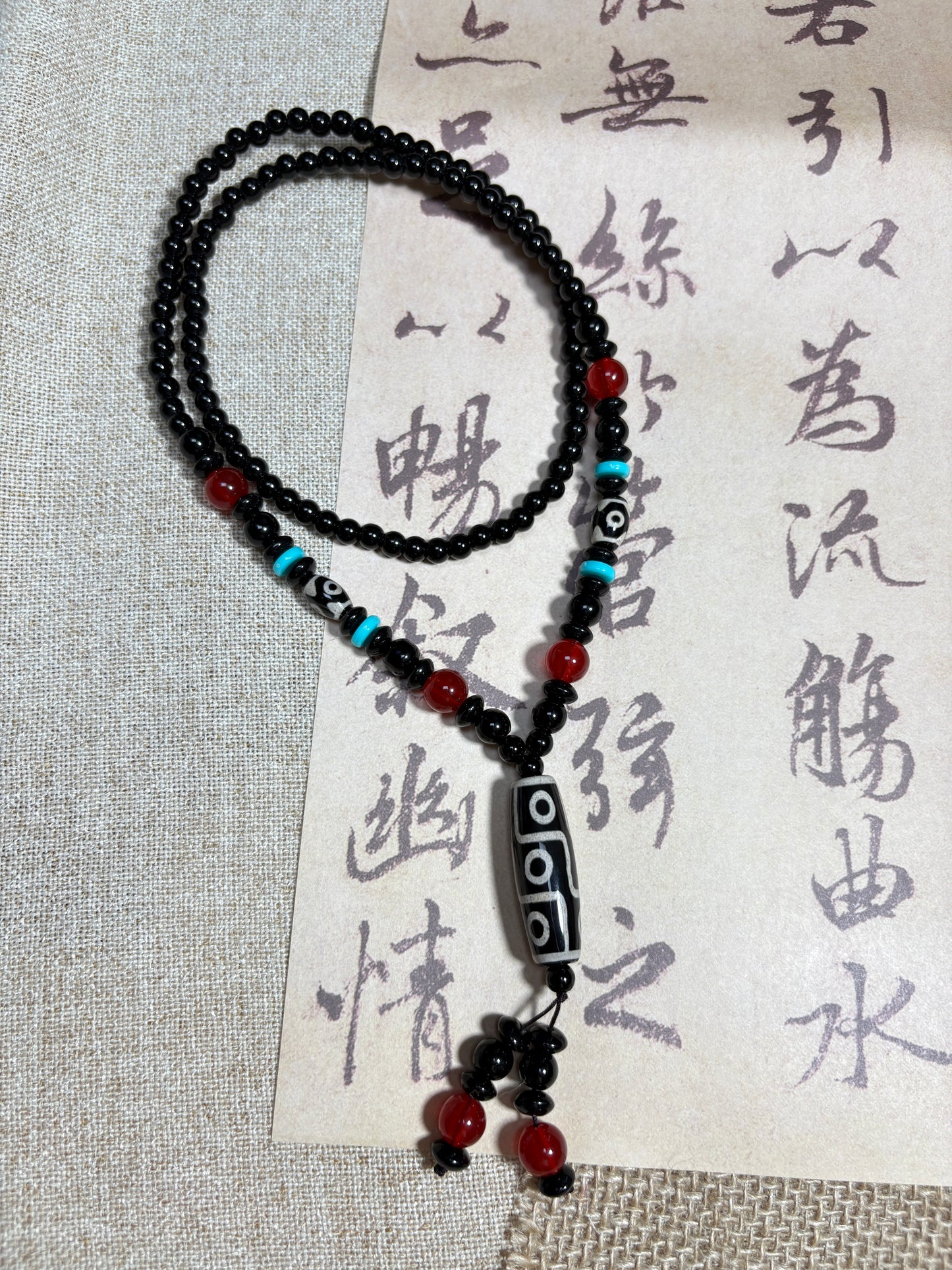 Dzi Bead Tibetan Necklace Mala Beads Necklace Nine Eyes Spiritual Shield Well-rounded and Auspicious