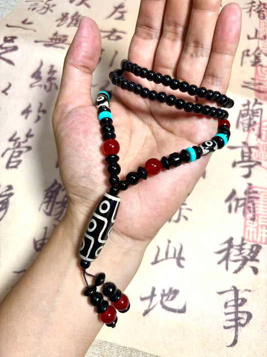 Dzi Bead Tibetan Necklace Mala Beads Necklace Nine Eyes Spiritual Shield Well-rounded and Auspicious