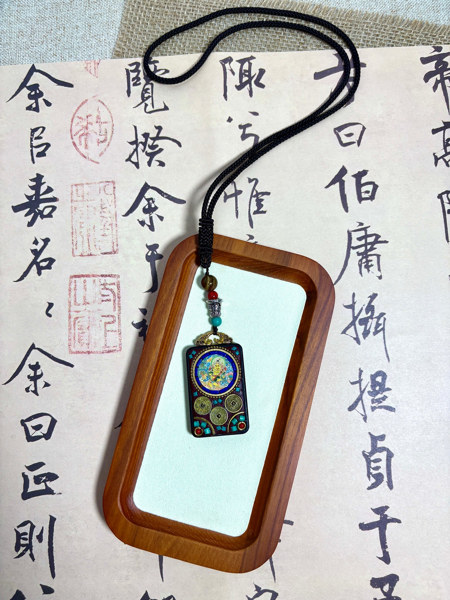 Thangka Pendant with hand-woven,Yellow God of Fortune,Guardian of wealth,Prosperous career