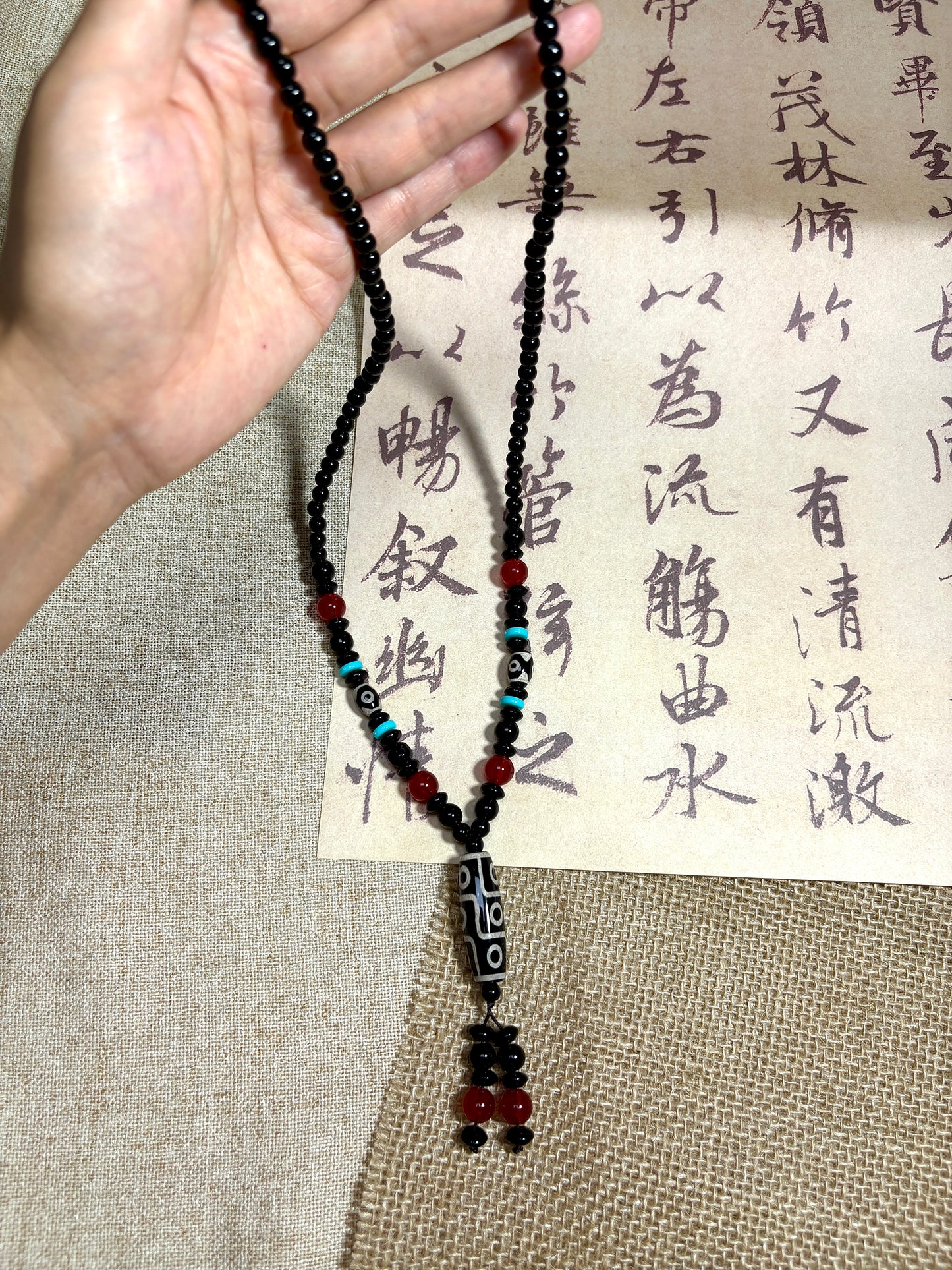 Dzi Bead Tibetan Necklace Mala Beads Necklace Nine Eyes Spiritual Shield Well-rounded and Auspicious